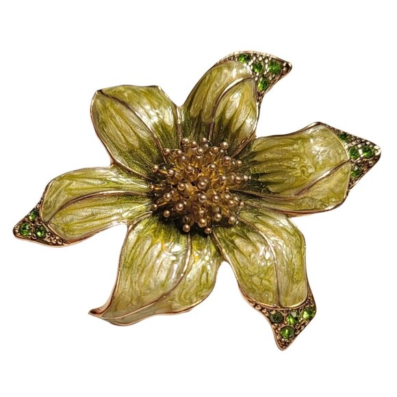 Liz Claiborne Gold Tone Green Enamel Rhinestone Lucite Seed Bead Flower Brooch - Picture 3 of 7